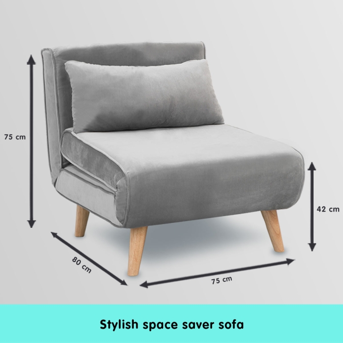Adjustable Corner Sofa Bed Single Seater Lounge Faux Velvet Light Grey - Image 6