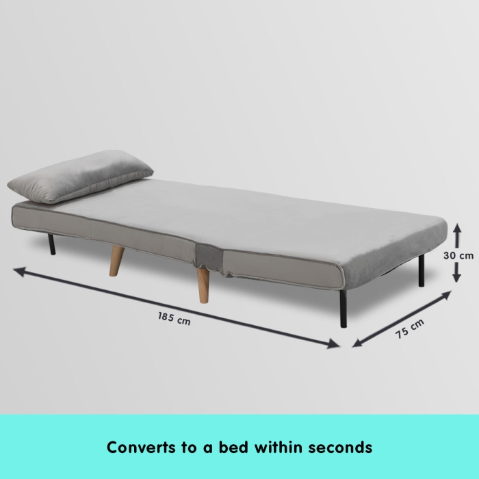 Adjustable Corner Sofa Bed Single Seater Lounge Faux Velvet Light Grey - Image 7