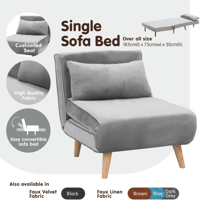 Adjustable Corner Sofa Bed Single Seater Lounge Faux Velvet Light Grey - Image 2
