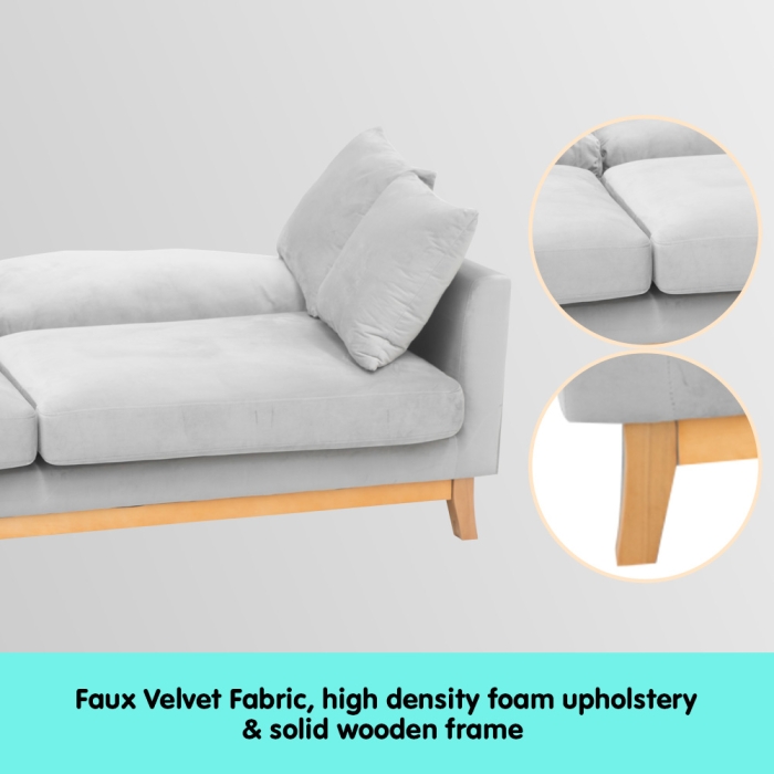 Sarantino 3 Seater Faux Velvet Sofa Bed Couch Furniture - Light Grey - Image 3