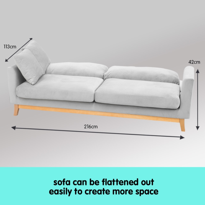 Sarantino 3 Seater Faux Velvet Sofa Bed Couch Furniture - Light Grey - Image 4