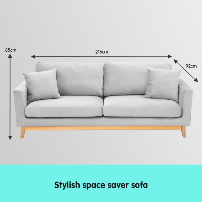 Sarantino 3 Seater Faux Velvet Sofa Bed Couch Furniture - Light Grey - Image 5