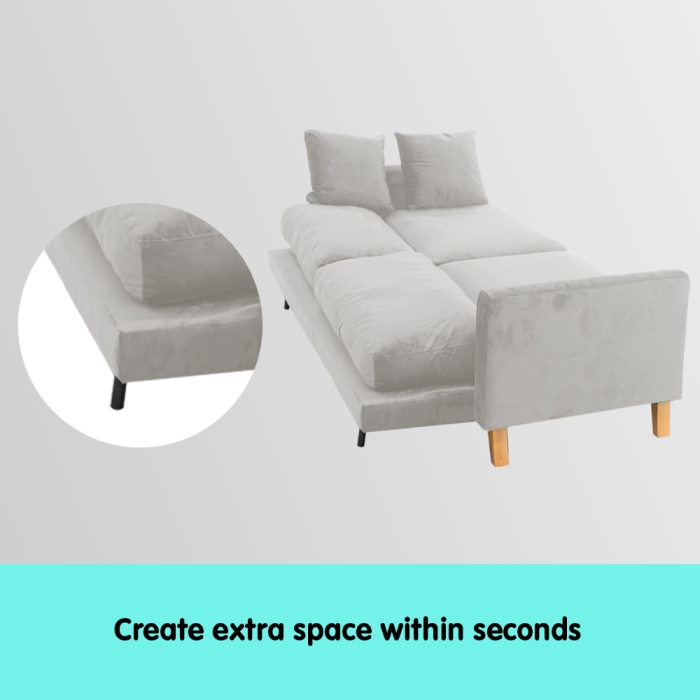 Sarantino 3 Seater Faux Velvet Sofa Bed Couch Furniture - Light Grey - Image 6