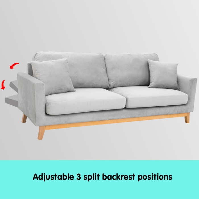 Sarantino 3 Seater Faux Velvet Sofa Bed Couch Furniture - Light Grey - Image 8