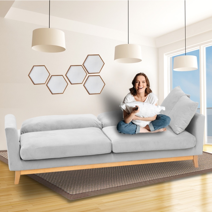 Sarantino 3 Seater Faux Velvet Sofa Bed Couch Furniture - Light Grey - Image 9