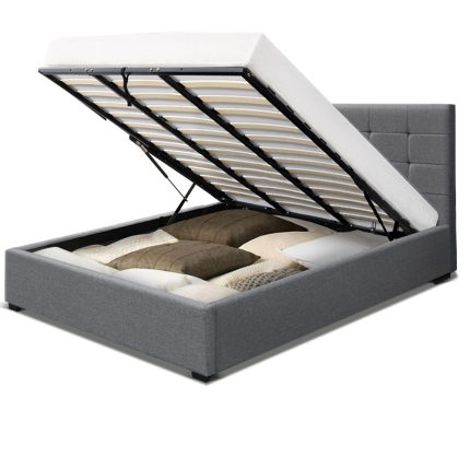 Artiss LISA King Size Gas Lift Bed Frame Base With Storage Mattress Grey Fabric - Image 3