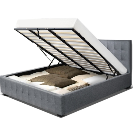 Artiss ROCA King Size Gas Lift Bed Frame Base With Storage Mattress Grey Fabric - Image 3