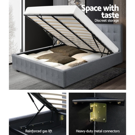 Artiss ROCA King Size Gas Lift Bed Frame Base With Storage Mattress Grey Fabric - Image 5