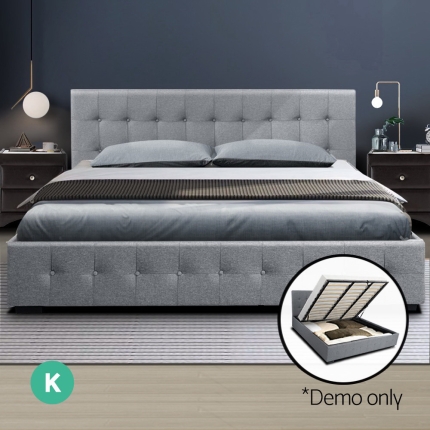Artiss ROCA King Size Gas Lift Bed Frame Base With Storage Mattress Grey Fabric - Image 7