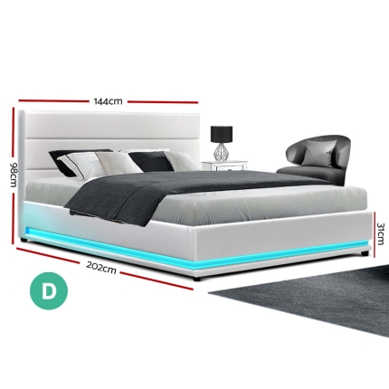 Artiss RGB LED Bed Frame Double Full Size Gas Lift Base Storage White Leather LUMI - Image 2