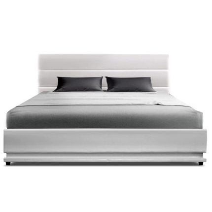 Artiss RGB LED Bed Frame Double Full Size Gas Lift Base Storage White Leather LUMI - Image 3