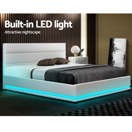 Artiss RGB LED Bed Frame Double Full Size Gas Lift Base Storage White Leather LUMI - Image 4