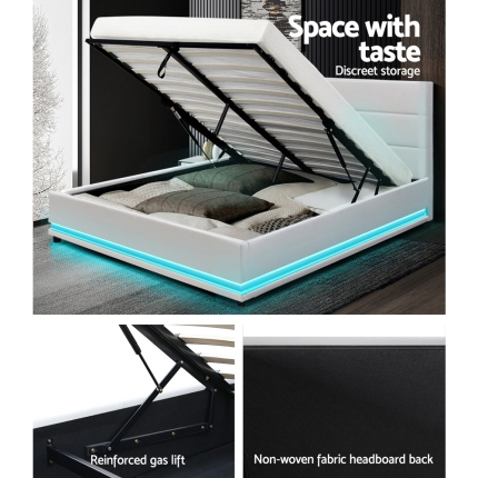 Artiss RGB LED Bed Frame Double Full Size Gas Lift Base Storage White Leather LUMI - Image 6