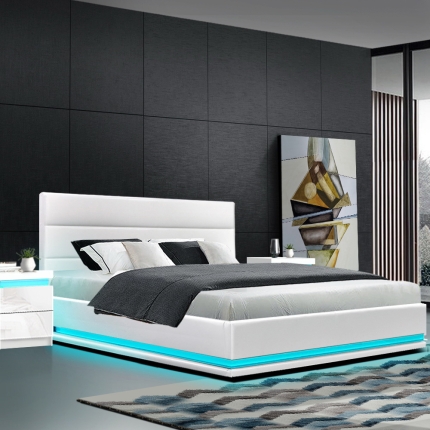 Artiss RGB LED Bed Frame Double Full Size Gas Lift Base Storage White Leather LUMI - Image 7