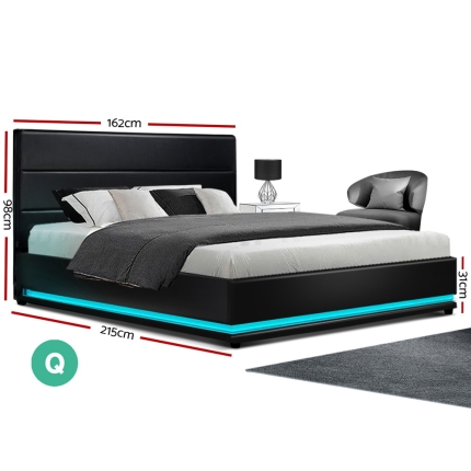 Artiss RGB LED Bed Frame Queen Size Gas Lift Base Storage Black Leather LUMI - Image 2
