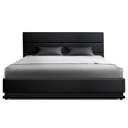Artiss RGB LED Bed Frame Queen Size Gas Lift Base Storage Black Leather LUMI - Image 3
