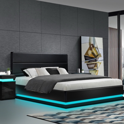 Artiss RGB LED Bed Frame Queen Size Gas Lift Base Storage Black Leather LUMI - Image 7