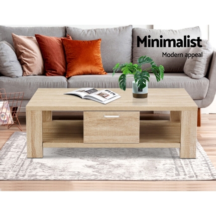 Artiss Coffee Table Wooden Shelf Storage Drawer Living Furniture Thick Tabletop - Image 4
