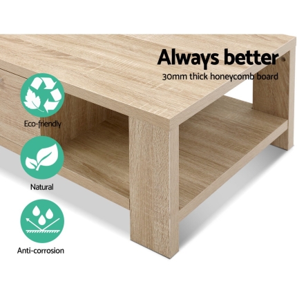 Artiss Coffee Table Wooden Shelf Storage Drawer Living Furniture Thick Tabletop - Image 5