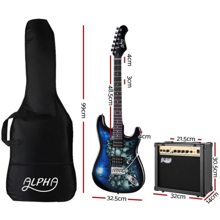 Alpha Electric Guitar And AMP Music String Instrument Rock Blue Carry Bag Steel String - Image 2