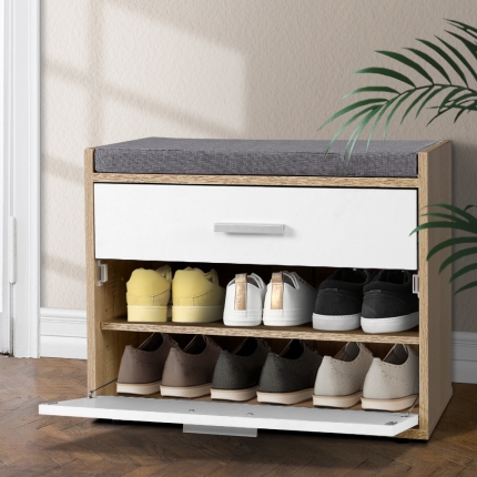 Artiss Shoe Cabinet Bench Shoes Storage Organiser Rack Fabric Seat Wooden Cupboard Up to 8 pairs - Image 7