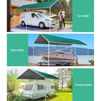 Carports 3m x6m Carport Kits Gazebo Canopy Tent Cover Metal Garden Shed Green - Image 4