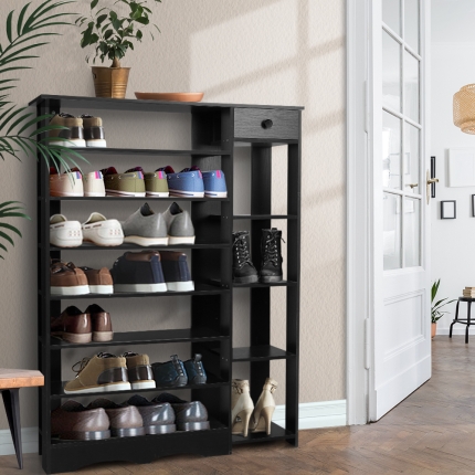 Artiss Shoe Cabinet Shoes Organiser Storage Rack Shelf Wooden 32 Pairs Black - Image 7