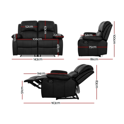 Artiss Recliner Chair 2-Seater Premium Leather Double Lounge Sofa Couch Black - Image 2
