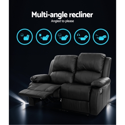 Artiss Recliner Chair 2-Seater Premium Leather Double Lounge Sofa Couch Black - Image 5