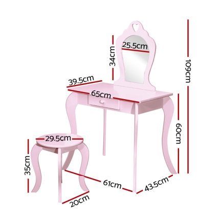 Keezi Kids Vanity Dressing Table Stool Set Mirror Drawer Children Makeup Pink - Image 2
