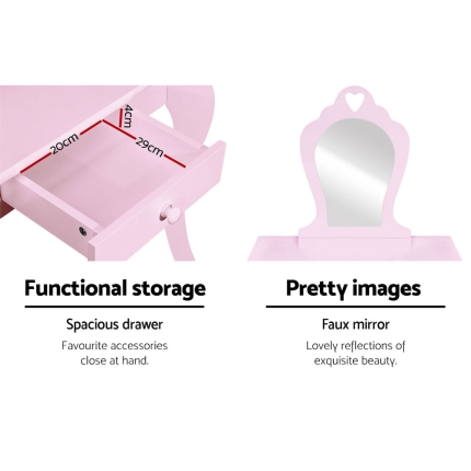 Keezi Kids Vanity Dressing Table Stool Set Mirror Drawer Children Makeup Pink - Image 5