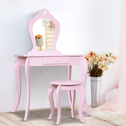 Keezi Kids Vanity Dressing Table Stool Set Mirror Drawer Children Makeup Pink - Image 7