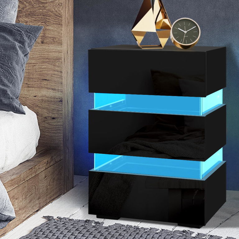 Artiss Bedside Table Side Unit Rgb Led Lamp 3 Drawers Nightstand Gloss 