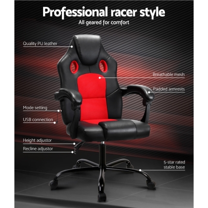 Artiss Massage Office Chair Gaming Computer Seat Recliner Racer Red - Image 3