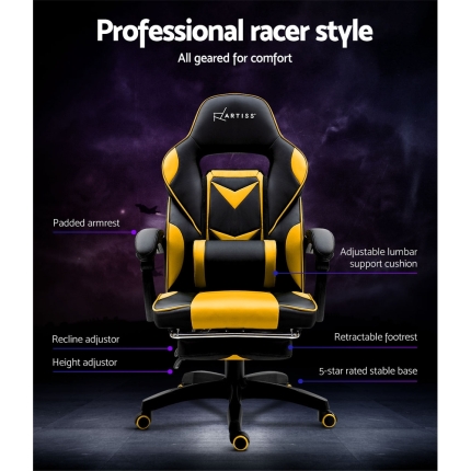 Artiss Office Chair Computer Desk Gaming Chair Study Home Work Recliner Black Yellow - Image 4