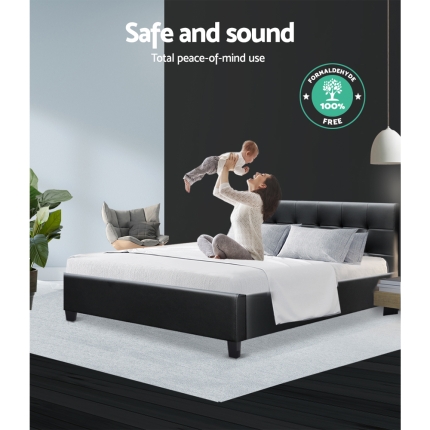 Bed Frame Queen Size Base Mattress Platform Leather Wooden Black SOHO - Image 5
