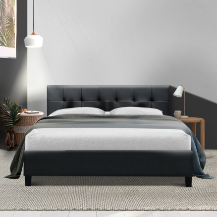 Bed Frame Queen Size Base Mattress Platform Leather Wooden Black SOHO - Image 7