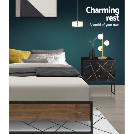 Metal Bed Frame Queen Size Mattress Base Platform Foundation Wooden Black OSLO - Image 5