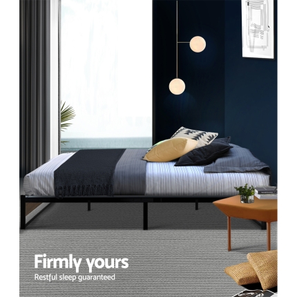 Metal Bed Frame Queen Size Mattress Base Platform Foundation Wooden Black OSLO - Image 6