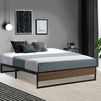 Metal Bed Frame Queen Size Mattress Base Platform Foundation Wooden Black OSLO - Image 7