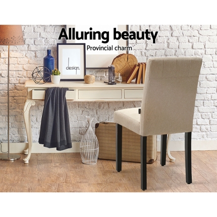 Artiss x2 DONA Dining Chair Fabric Foam Padded High Back Wooden Kitchen Beige - Image 4