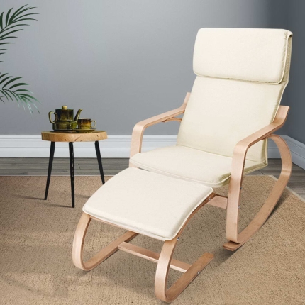 Artiss Wooden Armchair with Foot Stool - Beige - Image 7