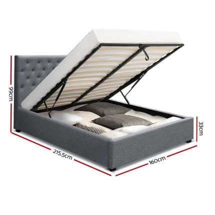 Artiss Vila Bed Frame Fabric Gas Lift Storage - Grey Queen - Image 2