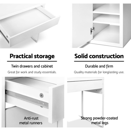 Artiss Metal Desk With Storage Cabinets - White - Image 6