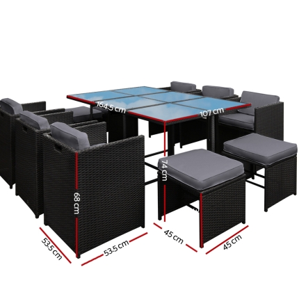 Gardeon 11 Piece PE Wicker Outdoor Dining Set - Black - Image 2