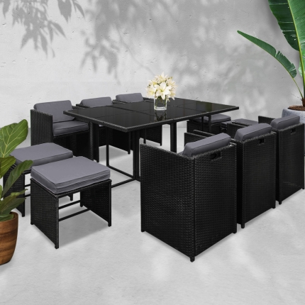 Gardeon 11 Piece PE Wicker Outdoor Dining Set - Black - Image 7