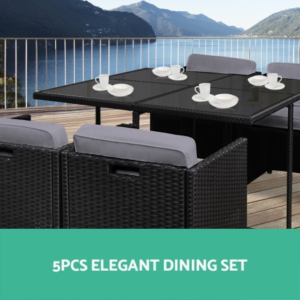 Gardeon 5 Piece Wicker Outdoor Dining Set - Black - Image 3