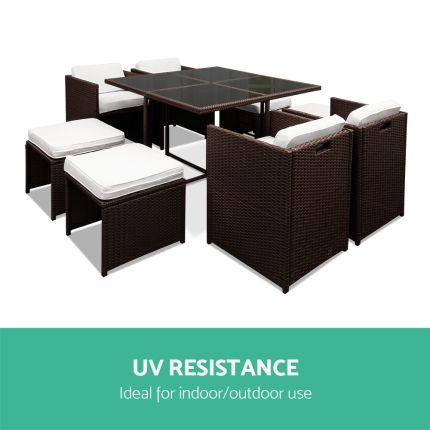 Gardeon 9 Piece Wicker Outdoor Dining Set - Brown & White - Image 4