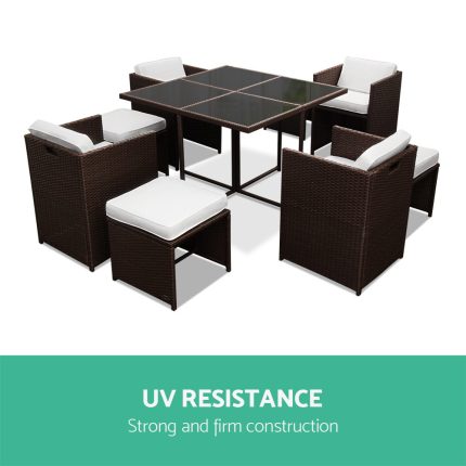 Gardeon 9 Piece Wicker Outdoor Dining Set - Brown & White - Image 5