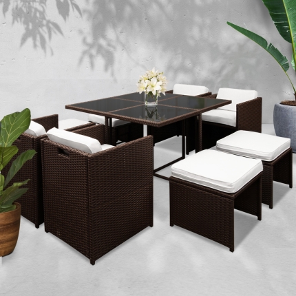 Gardeon 9 Piece Wicker Outdoor Dining Set - Brown & White - Image 7